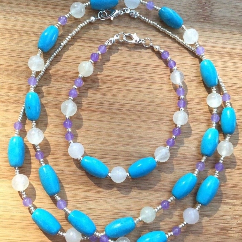 Necklace Bracelet Set of Turquoise Magnesite, Italian Onyx, Purple Stone Beads